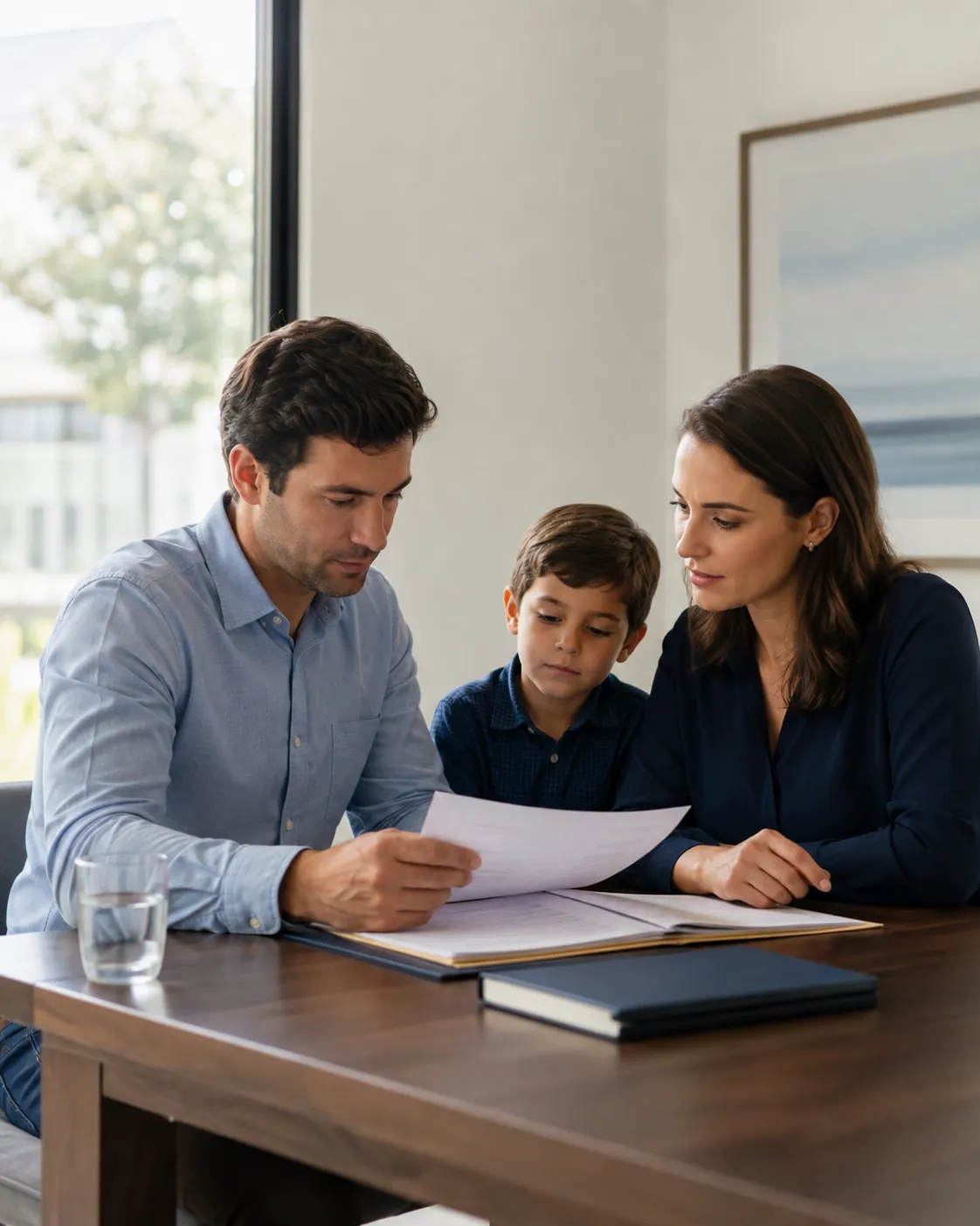 Familia con un hijo revisando documentación sobre una mesa